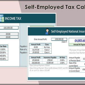 Puede incluir: Una calculadora de impuestos para autónomos en el Reino Unido, con un esquema de colores verde y blanco. La calculadora incluye secciones para el impuesto sobre la renta y el seguro nacional de autónomos. La calculadora muestra un ingreso imponible de 65.000 £ y un beneficio anual de 100.000 £. La calculadora también muestra los pagos anuales y mensuales del seguro nacional.