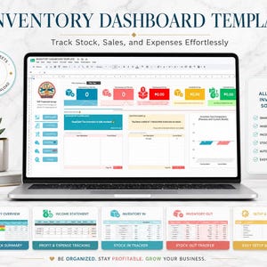 Puede incluir: Un ordenador portátil que muestra una plantilla de panel de inventario para Google Sheets. La pantalla presenta tablas de datos, cuadros de resumen coloridos y gráficos. Debajo del portátil hay cinco tarjetas rectangulares que detallan el resumen de inventario, ingresos, entradas, salidas y configuración.
