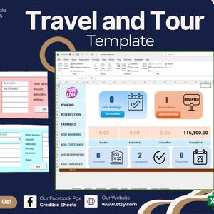 Puede incluir: Una plantilla de hoja de cálculo para empresas de viajes y turismo. La plantilla incluye secciones para la reserva, la reserva, los gastos y la información del cliente. También incluye un panel con estadísticas sobre el total de reservas, reservas y reservas completadas.