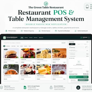 May include: A digital restaurant POS and table management system web application built on Google Sheets. The interface displays a menu with food items like burgers and pasta, a current order sidebar, and navigation tabs for POS, tables, and kitchen.