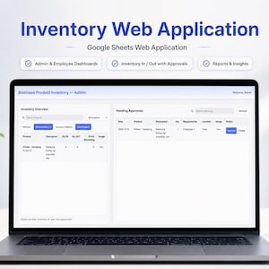 Puede incluir: Una pantalla de portátil que muestra una aplicación web de inventario basada en Google Sheets. La interfaz presenta un panel de administración con secciones de resumen de inventario y aprobaciones pendientes, con detalles de productos.