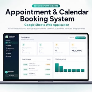 Puede incluir: Una pantalla de portátil que muestra la Booking Operations Suite, una aplicación web de gestión de citas y calendario. El panel muestra métricas, un horario y un gráfico de tendencias de reservas de 7 días con una interfaz clara.