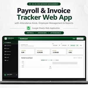 May include: A laptop displaying a Payroll & Invoice Tracker Web App dashboard. The screen shows financial data, including total sales, expenses, and net profit. The interface features a dark green sidebar and a white main area with a monthly financial report graph.
