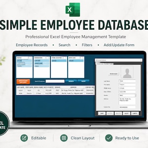 May include: A laptop screen displaying a Simple Employee Database Excel template. The interface features search, filter, and add/update form functions with fields for employee records, including name, address, and contact information in a grid layout.