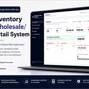 Puede incluir: Una pantalla de portátil que muestra una aplicación web de Google Sheets para un sistema de inventario mayorista y minorista. El panel muestra datos de inventario, gastos e ingresos. El texto incluye 'Inventory Wholesale/Retail System'.