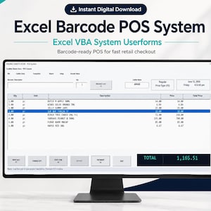 May include: A computer monitor displaying an Excel Barcode POS System with VBA userforms. The screen shows a retail checkout interface with columns for quantity, unit, description, price, and total price, featuring a total of 1,165.51.