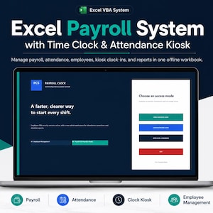 Op de afbeelding: Een laptopscherm met een Excel-salarissysteem met een interface voor een prikklok en aanwezigheidskiosk. Het scherm toont tekst waaronder Excel VBA System, Payroll Clock en Choose an access mode, met pictogrammen voor loonadministratie en beheer.