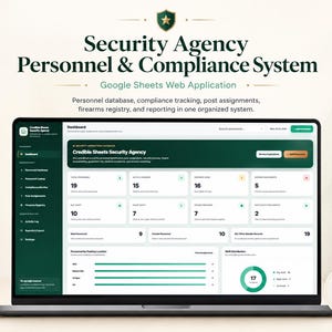 May include: A laptop screen displaying the Security Agency Personnel & Compliance System, a Google Sheets web application. The dashboard features a dark green sidebar, data metrics, personnel counts, and a shift distribution chart for security management.