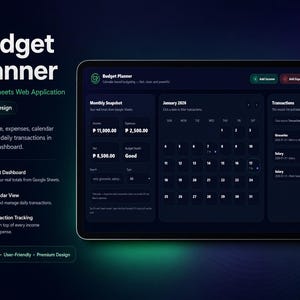 Könnte beinhalten: Eine dunkel gestaltete Budget Planner Google Sheets Webanwendung auf einem Bildschirm. Das Dashboard enthält eine monatliche Übersicht, eine Kalenderansicht für Januar 2026 und eine Transaktionsliste zur Verfolgung von Einnahmen und Ausgaben.