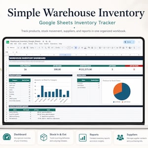 Può includere: Uno schermo di un portatile che mostra un tracker di inventario su Google Sheets. La dashboard include l'intestazione Warehouse Inventory Dashboard, tabelle di dati per scorte per categoria, stato delle scorte e grafici.