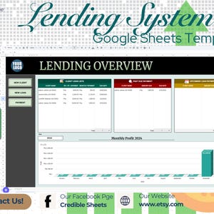 Może przedstawiać: Szablon arkusza kalkulacyjnego Google dla systemu pożyczek. Szablon zawiera sekcje dla nowych klientów, nowych pożyczek, płatności, list pożyczek klientów, zaległych płatności, nadchodzących płatności pożyczek oraz wykres miesięcznego zysku. Szablon nosi tytuł "System pożyczek Szablon arkusza kalkulacyjnego Google".
