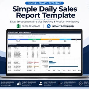 May include: A digital Simple Daily Sales Report Template for Excel displayed on a laptop screen. The dashboard features a Premium Daily Sales Dashboard header, product performance tables, agent performance metrics, and automated bar charts.