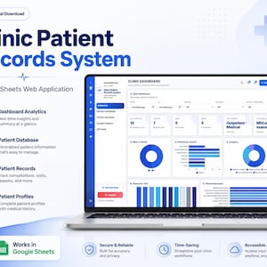 May include: A digital Clinic Patient Records System web application displayed on a laptop screen. The interface features a dashboard with analytics, patient database, records, and profiles. Text includes Clinic Patient Records System.