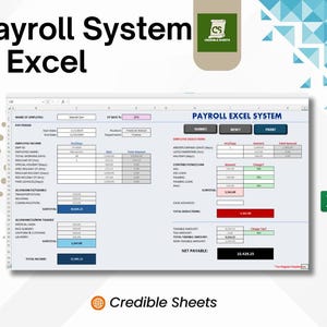 Könnte beinhalten: Ein Screenshot eines Tabellenkalkulationsprogramms, das ein Gehaltssystem in Excel zeigt. Die Tabellenkalkulation hat ein blaues und weißes Farbschema und enthält Felder für den Namen des Mitarbeiters, die Gehaltsperiode, das Gesamteinkommen, Abzüge und das Nettogehalt. Die Tabellenkalkulation ist mit "Gehaltsabrechnung Excel System" betitelt.