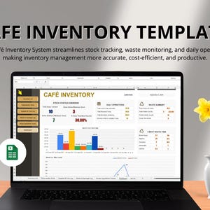 May include: A laptop displays a "Cafe Inventory Template" with data visualizations. The screen shows stock levels, waste monitoring, and operational data. A yellow daffodil in a white vase sits to the right. A hanging plant is visible in the background.