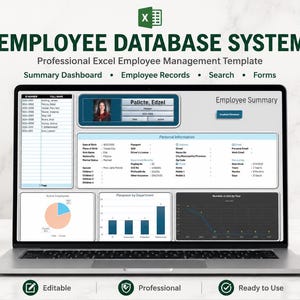 以下が含まれることがあります： 従業員データベースシステムのExcelテンプレートを表示するノートパソコンの画面。インターフェースには、個人情報フィールド、IDリスト、円グラフ、棒グラフ、折れ線グラフを備えた従業員サマリーダッシュボードが表示されています。