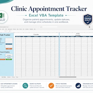 May include: A digital Clinic Appointment Tracker Excel VBA template featuring a spreadsheet interface with columns for patient name, DOB, insurance, member ID, contact, date, time, and status. Includes task tracker and search update sections.