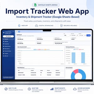 Pode incluir: Uma interface de aplicação web de rastreamento de importações exibida num ecrã de portátil, com um painel de controlo que mostra dados de vendas, compras e inventário, incluindo gráficos e tabelas de métricas de desempenho.