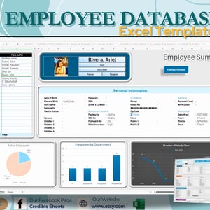 May include: An employee database Excel template with a blue and white design. The template includes sections for employee summaries, personal information, and charts visualising data such as manpower by department and active employees.