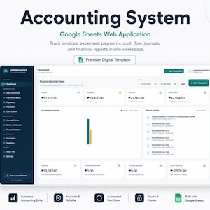 May include: A digital accounting system web application template for Google Sheets. The dashboard displays a financial overview with income, expenses, net profit, and receivables, featuring a sidebar menu, transaction logs, and data charts.