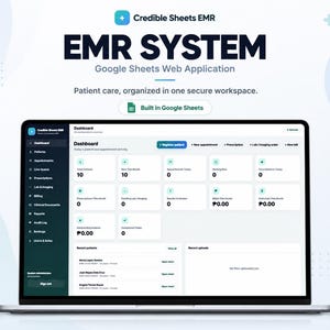 May include: A laptop screen displaying the Credible Sheets EMR system, a Google Sheets web application. The dashboard interface features a dark sidebar with navigation menus and a light-colored main area showing patient activity metrics and data.