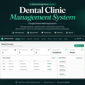 May include: A digital interface for a Dental Clinic Management System web application. The dashboard displays a clinic overview with sections for active patients, appointments, revenue, and a schedule list with patient names and dental services.