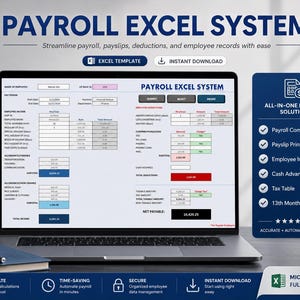 Może przedstawiać: Ekran laptopa wyświetlający szablon systemu płac w programie Excel z polami na dochody pracowników, potrącenia i obliczenia płacy netto. Interfejs zawiera przyciski do przesyłania, resetowania i drukowania oraz pasek boczny z funkcjami.