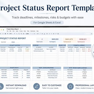 Può includere: Un modello digitale di rapporto sullo stato del progetto visualizzato su uno schermo di un portatile, con tabelle per la panoramica del progetto, il riepilogo finanziario e le tappe fondamentali. L'interfaccia indica la compatibilità con Google Sheets ed Excel, con un layout pulito per il monitoraggio di scadenze, budget e rischi.