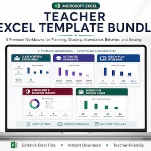 Teacher Excel Template Bundle, Lesson Planner, Attendance, Gradebook, Seating Chart, Behavior and Assignment Tracker