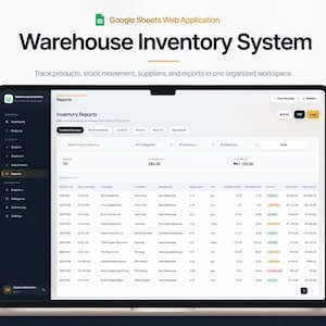 Könnte beinhalten: Ein Laptop-Bildschirm zeigt eine Google Sheets Webanwendung für ein Lagerverwaltungssystem. Die Benutzeroberfläche umfasst ein dunkles Seitenmenü, ein weißes Haupt-Dashboard mit Bestandsberichten, Datentabellen und Schaltflächen.