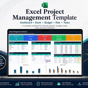 May include: A digital Excel project management template displayed on a laptop screen, featuring a dashboard with project health, task status, budget, risk, and team capacity metrics, including bar charts and tables for tracking project data.