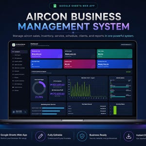 Puede incluir: Una pantalla de portátil que muestra el sistema de gestión empresarial Aircon, una aplicación web de Google Sheets con interfaz en modo oscuro, con widgets de datos coloridos, gráficos financieros, tendencias de ventas y métricas de inventario.