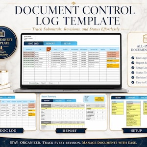 Puede incluir: Una plantilla digital de registro de control de documentos en la pantalla de una computadora portátil, con una interfaz de hoja de cálculo con pestañas para Doc Log, Report y Setup. El diseño incluye columnas para números, fechas y seguimiento.