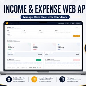Op de afbeelding: Een laptopscherm met een dashboard voor een inkomsten- en uitgaven-webapp, inclusief financiële overzichten, verkoop- en onkostenlogboeken en filteropties. Pictogrammen voor Google Sheets en Google Drive en een veilig en betrouwbaar label.