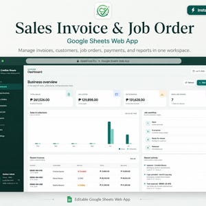 Puede incluir: Una interfaz digital para una aplicación web de Google Sheets para facturas de ventas y órdenes de trabajo. El panel muestra métricas de negocio, gráficos de ventas, estado del flujo de trabajo y facturas recientes en verde oscuro.