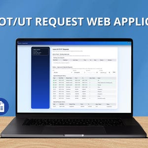 Puede incluir: Un portátil muestra una aplicación web para solicitudes de permisos. La pantalla muestra una tabla de datos, con el texto "LEAVE-OT/UT REQUEST WEB APPLICATION" en la parte superior. Las características incluyen formularios de solicitud fáciles, un proceso de aprobación rápido y niveles de acceso seguros.