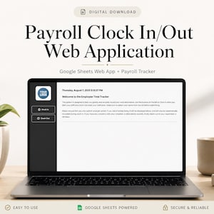 Puede incluir: Una pantalla de portátil que muestra una interfaz de aplicación web de control de nóminas con un marcador de posición de logotipo, botones de entrada y salida, y el texto Bienvenido al registro de tiempo de empleados, fechado el 7 de agosto de 2025.
