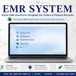 Op de afbeelding: Een EMR-systeem Excel VBA UserForm-sjabloon voor klinieken en patiëntendossiers weergegeven op een laptopscherm. De interface bevat opties voor Appointment Form, Patients Database, Patients Medical Records, Open Excel File en Exit.