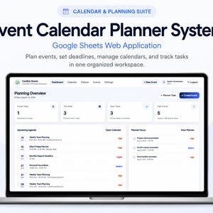 Op de afbeelding: Een laptopscherm met het Event Calendar Planner System, een Google Sheets webapplicatie. Het dashboard toont een planningsoverzicht met evenemententellingen, aankomende agenda's en een sectie voor taakbeheer.