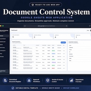 May include: A digital document control system web application template for Google Sheets. The interface features a dark-themed dashboard with a sidebar, document tracking table, and department summary metrics. Text includes Document Control System.