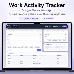 Puede incluir: Una aplicación web de Google Sheets para el seguimiento de actividades laborales mostrada en una pantalla de portátil. La interfaz incluye secciones para añadir registros, ver historiales y resúmenes mensuales con columnas de tiempo y horas.
