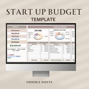 Puede incluir: Una pantalla de ordenador que muestra una plantilla de presupuesto de puesta en marcha con una sección de resumen que muestra los gastos totales, los ingresos totales y los ingresos netos. La plantilla incluye secciones para ingresos y gastos, con gráficos circulares que ilustran la descomposición de cada categoría.