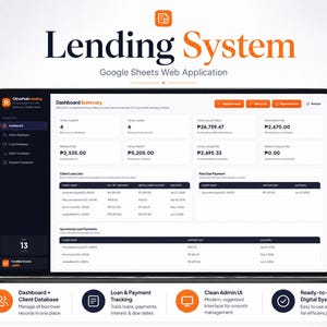 May include: A laptop screen displaying the Lending System Google Sheets web application dashboard. The interface features a dark sidebar, a white main area with financial metrics, client loan lists, and upcoming payment tables with orange accents.
