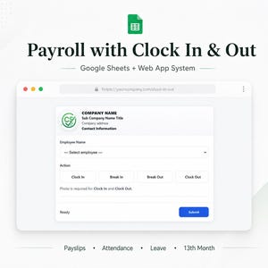 Puede incluir: Una interfaz digital para un sistema de nómina con funciones de registro de entrada y salida. La pantalla muestra un formulario con campos para seleccionar empleados, botones de acción para marcar entrada, pausa y salida, y un botón azul.