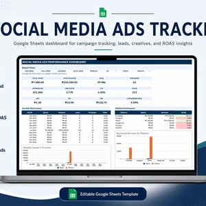 Puede incluir: Una pantalla de portátil que muestra un panel de control de Google Sheets para el seguimiento de anuncios en redes sociales. La interfaz incluye métricas de rendimiento, tablas de datos mensuales y gráficos para monitorear gastos.