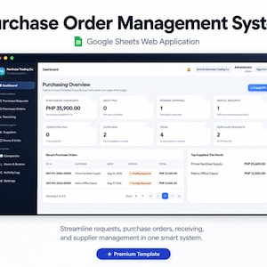 Pode incluir: Uma interface de painel para uma aplicação web Google Sheets de gestão de ordens de compra. O ecrã apresenta uma visão geral de compras com métricas, ordens recentes e principais fornecedores.