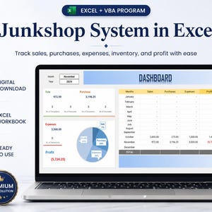 Może przedstawiać: Ekran laptopa wyświetlający pulpit nawigacyjny Junkshop System in Excel z tabelami danych, wykresem kołowym oraz śledzeniem finansów dla sprzedaży, zakupów, wydatków i zysków. Interfejs zawiera etykiety dotyczące pobierania cyfrowego i rozwiązania premium.