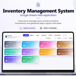 Puede incluir: Una pantalla de portátil que muestra una aplicación web de gestión de inventario en Google Sheets. La interfaz presenta tarjetas coloridas para artículos como pilas AA, bolígrafos azules y comida para gatos, con botones para añadir elementos.