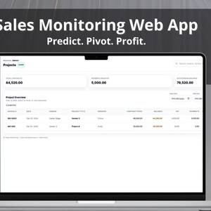 May include: A laptop displays a sales monitoring web app interface. The screen shows financial data, including project overviews and financial summaries. The text at the top reads "Sales Monitoring Web App" and "Predict. Pivot. Profit."