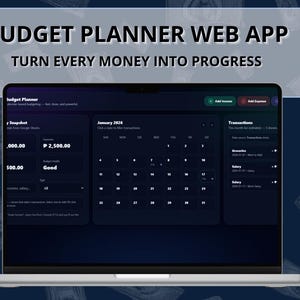 May include: A laptop displays a budget planner web app interface with the text "Budget Planner Web App" and "Turn Every Money Into Progress." The interface shows financial data, a calendar, and transaction details. The background features a blue gradient with money graphics.
